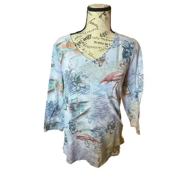 CHICO'S SIZE UNSIZE LONG SLEEVES TOP WITH BEACH LIFE - Picture 1 of 5